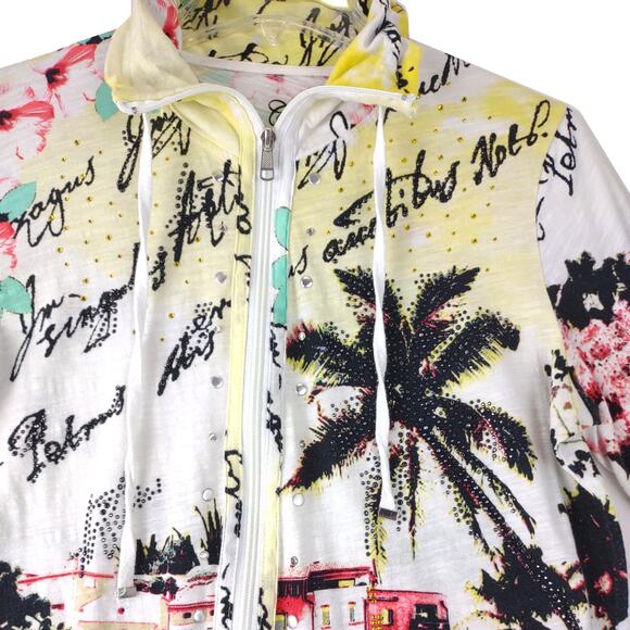 ONQUE CASUALS Women's Full Zip Jacket Tropical Art Rhinestone Stud Sz Small Y2K - Picture 3 of 5